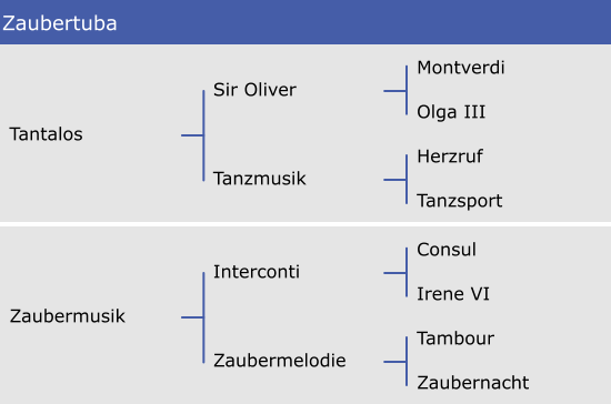 Zaubertuba Montverdi Olga III Herzruf Tanzsport Sir Oliver Tanzmusik Tantalos Consul Irene VI Tambour Zaubernacht Interconti Zaubermelodie Zaubermusik